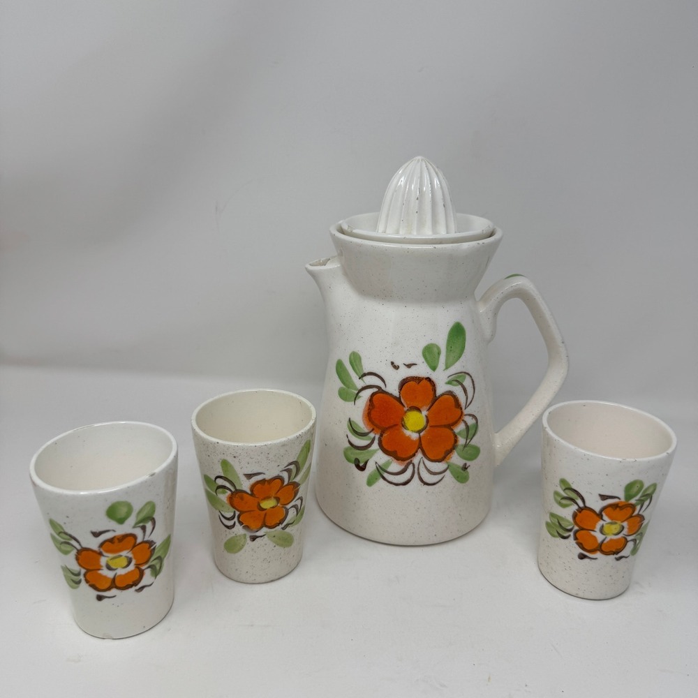 Vintage Hand Painted Floral Ceramic Juice Pitcher with Reamer and 3 Tumblers Set